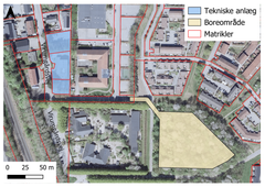 Den tekniske bygning til Geotermianlægget forventes placeret dér hvor den blå figur markerer området, mens selve boreanlægget forventes placeret under jorden i det beige område.