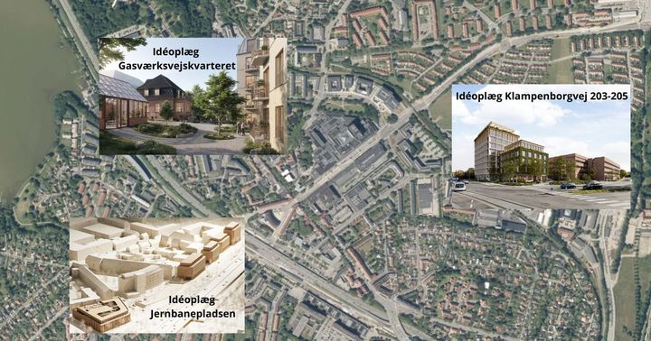 Bykort over Kgs. Lyngby centrum med indsatte visualiseringer fra idéoplæg af de tre projektormåder; Jernbanepladsen, Gasværksvej skvarteret og Klampenborgvej 203-205.