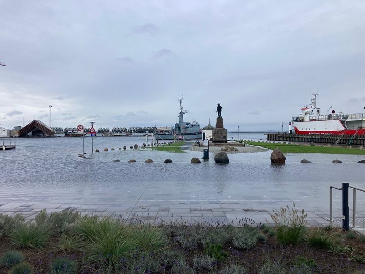 Oversvømmelser Assens Havn fredag morgen, den 20. oktober 2023.