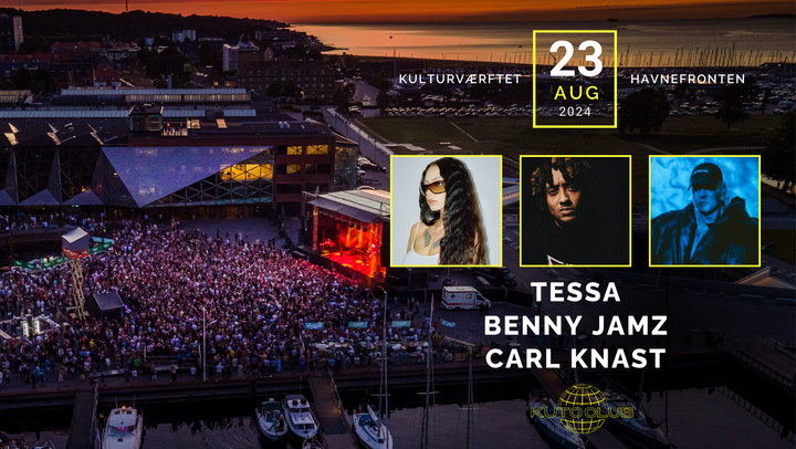 Nogle af Danmarks største hiphop-acts lige nu – Tessa, Benny Jamz og Carl Knast – giver koncert på havnefronten ved Kulturværftet i Helsingør 23. august 2024.