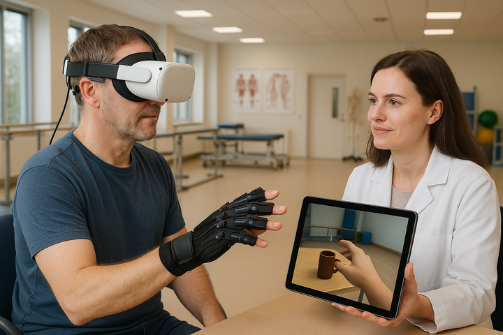 AI-genereret billede af en mandlig patient, der genoptræner førlighed af sin hånd ved hjælp af en elektronisk handske og VR-briller. Han sidder over for en kvindelig person iført kittel. Hun holder en skærm med visualisering af hånden, der griber efter en kop kaffe.