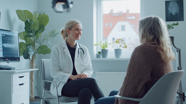 Kvindelig læge og patient taler sammen