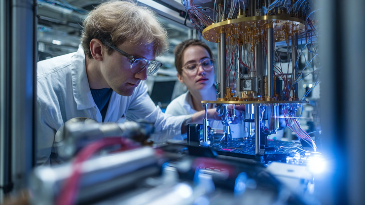 AI-genereret billede af kvanteforskere i laboratorie