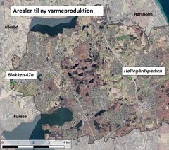 Kortet viser de to mulige placeringer af varmepumpeanlæg i Rudersdal Kommune.