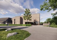 View fra det nye ankomsttorv mod indgangspartiet og den udvendige trappe, som kobler ankomstpladsen fysisk  sammen træningsområdet mod øst.