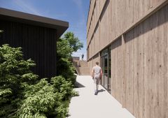 Den nye trappeforbindelse placeres mellem hal 1 og hal 3 og får en bredde, som indbyder til ophold og samling.