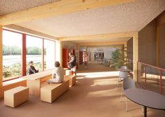 Visualisering af ”gaden”, der forbinder hal 2 og hal 3. Det bliver et samlende strøg, der inviterer til ophold, pauser og bevægelse.