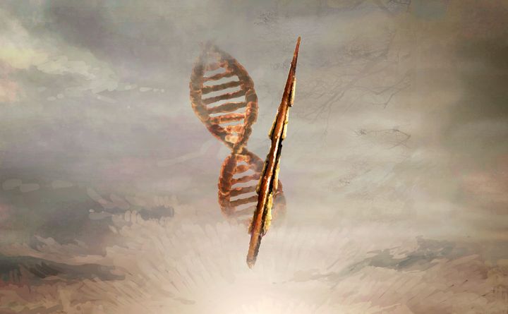 Illustration af flintægspyd og DNA-streng på en himmel.