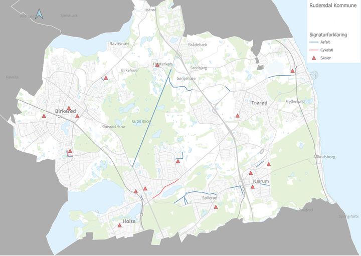 Kortet viser de veje og cykelstier, hvor der skal lægges ny asfalt i 2026.