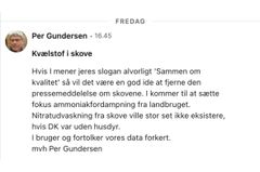 Per Gundersen skriver i en LinkedIn-besked, at nitratudvaskningen fra skove stort set ikke ville eksistere, hvis Danmark var uden husdyr. FødevareDanmark efterlyser nu dokumentation for den påstand.