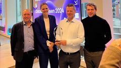 Fra venste: næstformand i Finansforbundet Steen Lund Olsen, digitaliseringsminister Caroline Stage, CEO og stifter Stephen Alstrup, SupWiz, og branchedirektør (konst.) Andreas Holbak Espersen, DI Digital. PR-foto