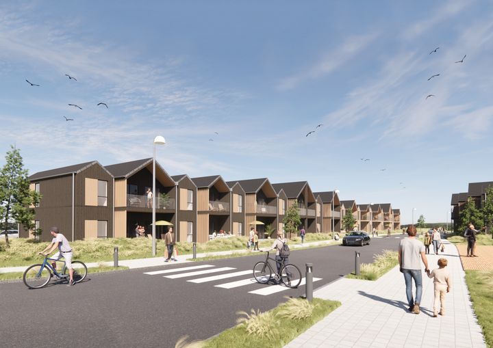 Visualisering af Lodberg Enge, et boligområde med rækkehuse, mennesker der går og cykler langs vejen, og fugle på himlen.