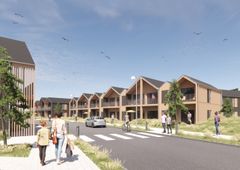 Arkitektonisk illustration af en moderne boligområde med rækkehuse, grønne områder og flere personer, der går eller cykler langs en vej.