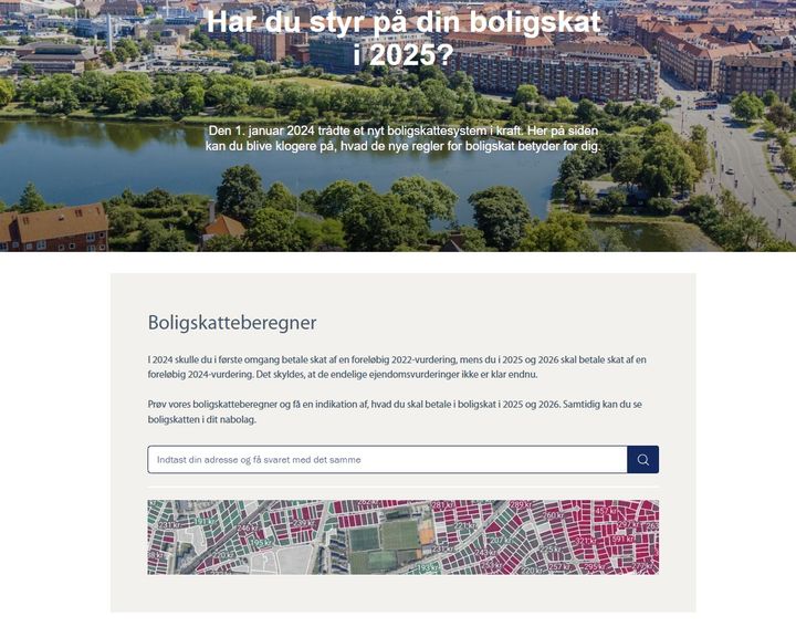 Skræmbillede af en hjemmeside om boligskat i 2025 med en boligskatteberegner og et bykort.