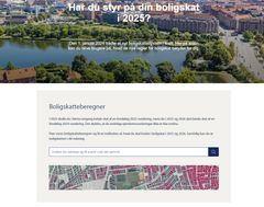 Skræmbillede af en hjemmeside om boligskat i 2025 med en boligskatteberegner og et bykort.