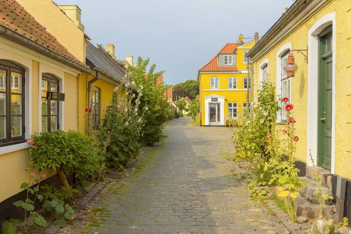 En malerisk brostensbelagt gade med gulmalede bygninger og blomster langs siderne.