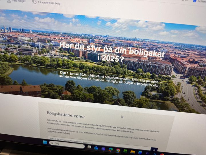 En webside der handler om boligskat i 2025 med et billede af en by i baggrunden.