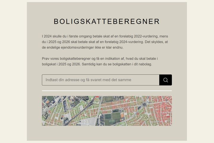 Skærmbillede af en boligskatteberegner med et søgefelt og et kort over et område.