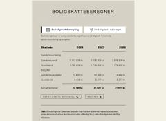 Skatteberegning for boligejendom fra 2024 til 2026 med værdier for ejendomsvurdering, grundværdi, ejendomsskat, og grundskyld. Mulighed for kopiering af link til beregning og eksport til PDF.
