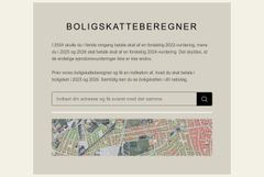 Skærmbillede af en boligskatteberegner med et søgefelt og et kort over et område.