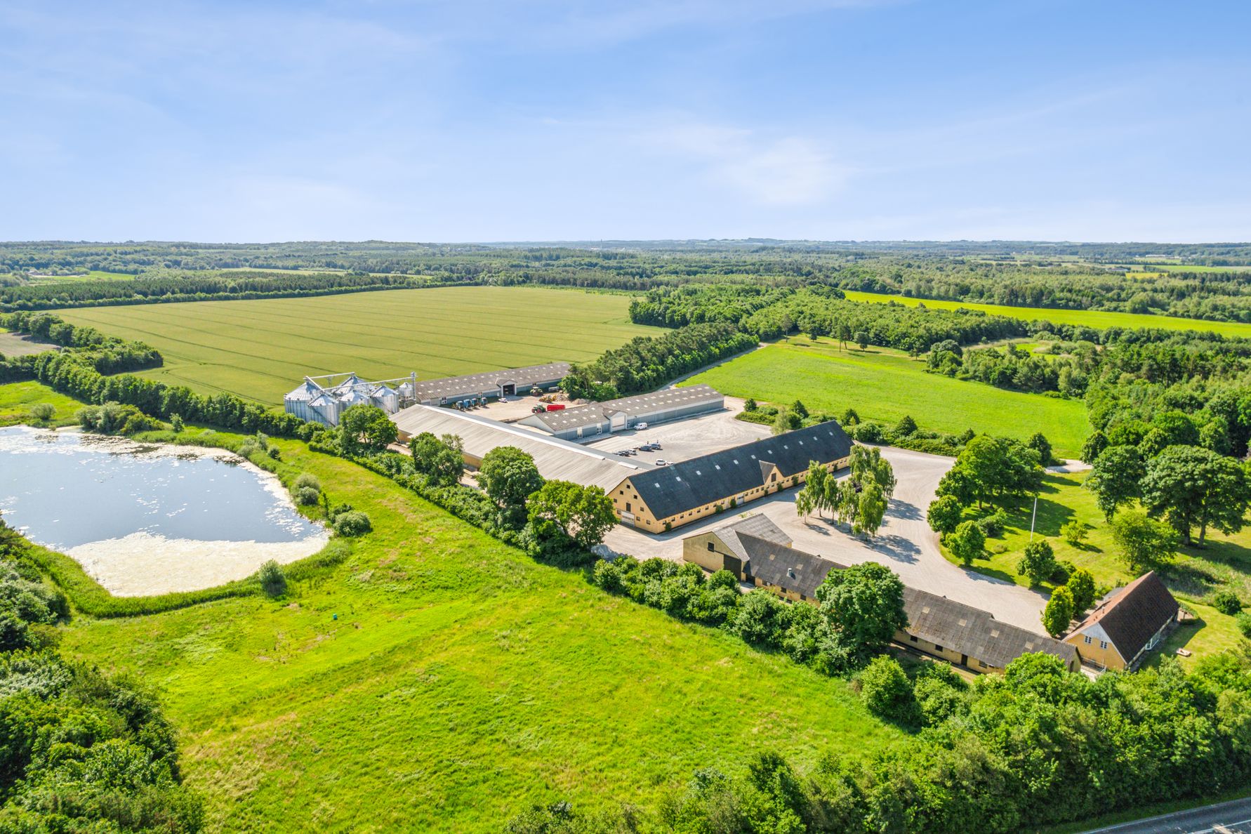 Lykkegården fra oven med marker, en dam og masser af træer.