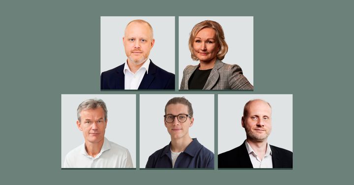 Top venstre mod højre: David Dreyer Lassen (UCPH Ventures), Lene Gerlach (Eir Ventures) Nederst venstre mod højre: Kristian Helin (Dania Tx), Søren Danielsen Juhl (EIFO), Lars Gredsted (Lundbeckfonden).