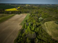 Luftfoto over ejendommen med skov og marker.