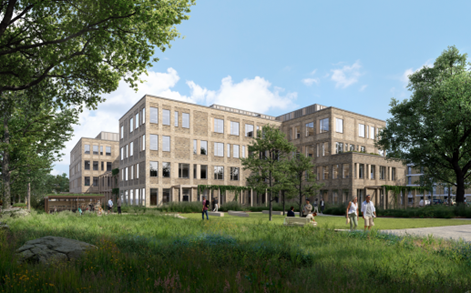 Illustration af kontorhuset i Vollsmose, der kommer til at huse Odense Kommune, Fremtidens Vollsmose samt et mindre lejemål. Illustration: Arkitema