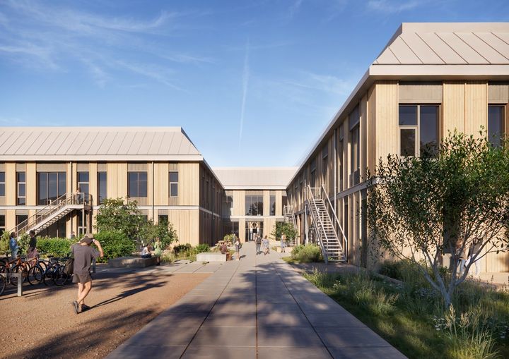 Visualisering af det nye campusbyggeri i Kalundborg, der skal danne ramme om uddannelse, forskning, innovation og samarbejde mellem seks uddannelsesinstitutioner og erhvervslivet.
