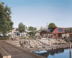 Visualisering af et nyt havnetorv i Juelsminde, med beplantning, krabbearena og hyggelig stemning