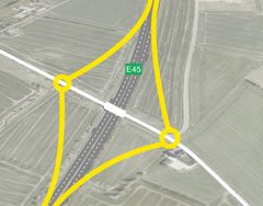 Nogenlunde sådan forventes den nye motorvejstilslutning at komme til at se ud. Herfra vil der være kort afstand til erhvervsparken Kildeparken og Hedensted by.