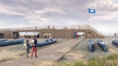 Visualisering af Pynten som opføres på Storstranden i Juelsminde i foråret 2027. Pynten bliver Danmarks længste strandbygning og vil byde på nye oplevelsesmuligheder, fritidsfaciliteter og et unikt udsigtspunkt, hvorfra havet og kysten kan nydes