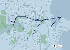 Kort der viser hvor Svanemøllen Skybrudstunnel skal ligge, og prikkerne er hver byggeplads langs tunnelen.