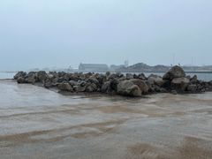 Sten fra HOFORs anlægsbyggeri ligger på kajen og venter på at blive sejlet ud i Køge Bugt, hvor det skal skabe stenrev og fiskeliv.