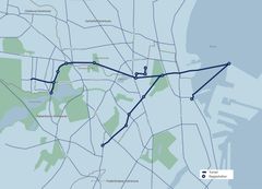 Kort over hvor Svanemøllen Skybrudstunnel kommer til at sno sig under det nordlige hovedstadsområde samt markering af byggepladser i anlægsperioden.