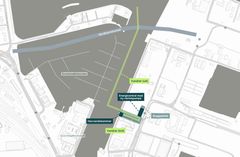 Kort over arbejdsområdet i Sundkrogsgade, hvor HOFOR installerer en stor varmepumpe i den eksisterende energicentral.