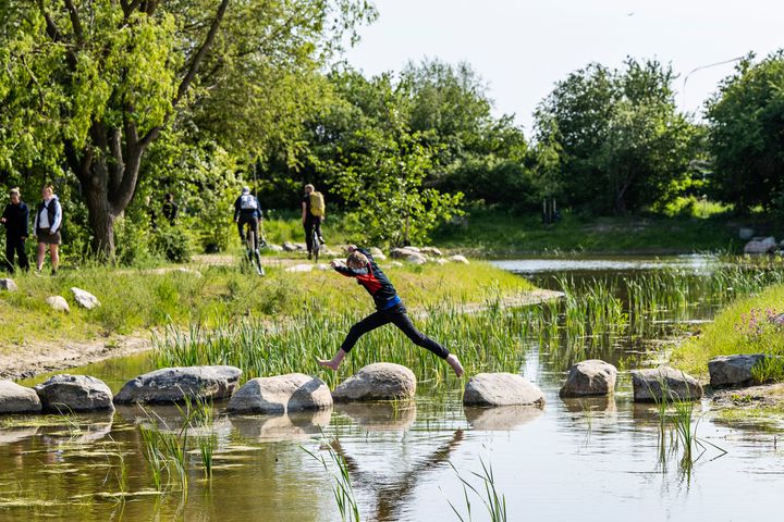 barn springer fra sten til sten i Karensmindeaksen - en bypark som også fungerer som regnvandsopsamling ved skybrud.