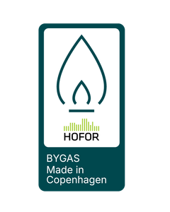 Mærket viser en gasflamme med HOFOR-logo under og teksten "Bygas - made in Copenhagen"