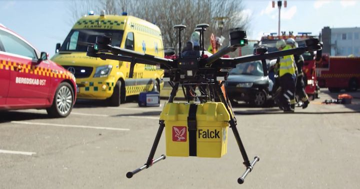 Health drone with Falck logo.