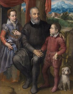 UK titel: The Family Portrait. Portrait group with the artist’s father Amilcare Anguissola and her siblings Minerva and Asdrubale.
