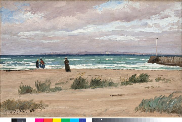 Carl Locher, 'Parti fra Hornbæk strand med mørkklædte figurer', 1887. Privateje