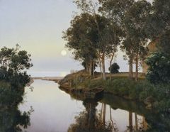 Museets gæster kan se frem til at forsvinde i Janus la Cours landskaber og lade sig inspirere af kunstnerens insisteren på stilhed, når udstillingen åbner på Nivaagaards Malerisamling den 23/8 2025. Her ses et af la Cours mange motiver fra den østjyske kyststrækning, 'Sommeraften ved åens udløb i havet'',  malet i 1892 ved Moesgaard. © Aarhus Kommunes kunstsamling.