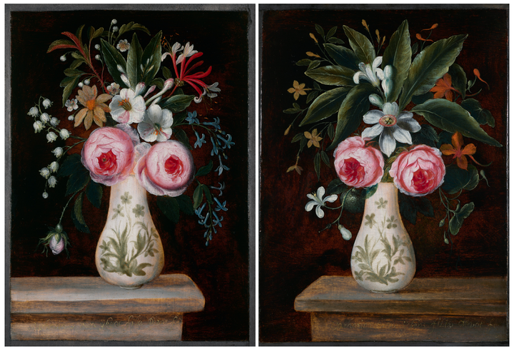 Catharina Ykens II was around 28 years old when she painted the pendant works: decorated porcelain vases are placed on a stone table, with floral arrangements featuring bulbous pink roses, lily of the valley, auriculas, narcissus, honeysuckle, hyacinth, orange blossom, jasmine, and garden nasturtium.