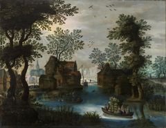 Jagtscenemesteren, Landsby ved kanal med mole og kirke, ca 1627-1620. Slots- og Kulturstyrelsen.