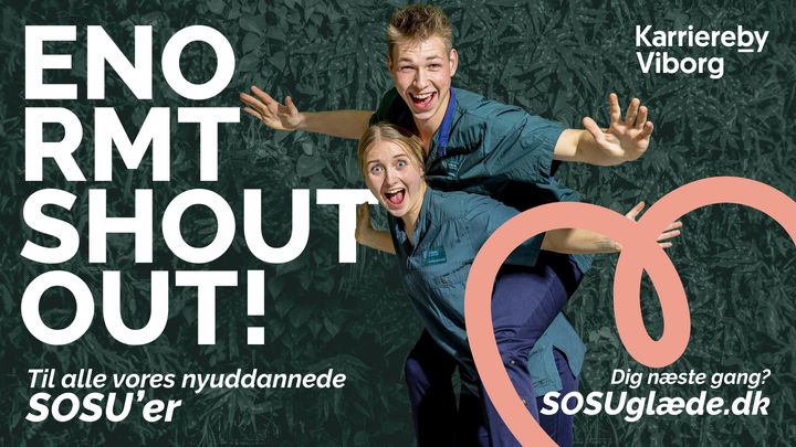 Ansigterne på sosu-glæden i en ny kampagne er social- og sundhedsassistentelev Noah Lods Ottesen, og social- og sundhedsassistent Lucia Camille Grove Schmidt, der blev færdiguddannet i maj og nu arbejder i hjemmeplejen i Stoholm. / Foto: Flemming Jeppesen / Layout: Sofie Steengaard Jensen, Viborg Kommune