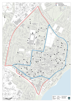 Kort over området for betalt parkering. Den blå centerring og de sorte prikker (p-arealer) markerer betalingsområdet - det er indenfor Sct. Ibs Gade, Gl. Skivevej, Indre Ringvej, Vester¬brogade, Banegårds Alle, Banevejen, Gl. Århusvej og Ll. Sct. Mikkels Gade.