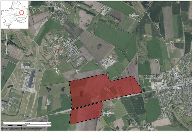 Det røde område markerer forslaget til, hvor der er mulighed for øge området omkring de eksisterende aktiviteter ved Foulum ifm. en evt. industripark nordøst for Viborg.