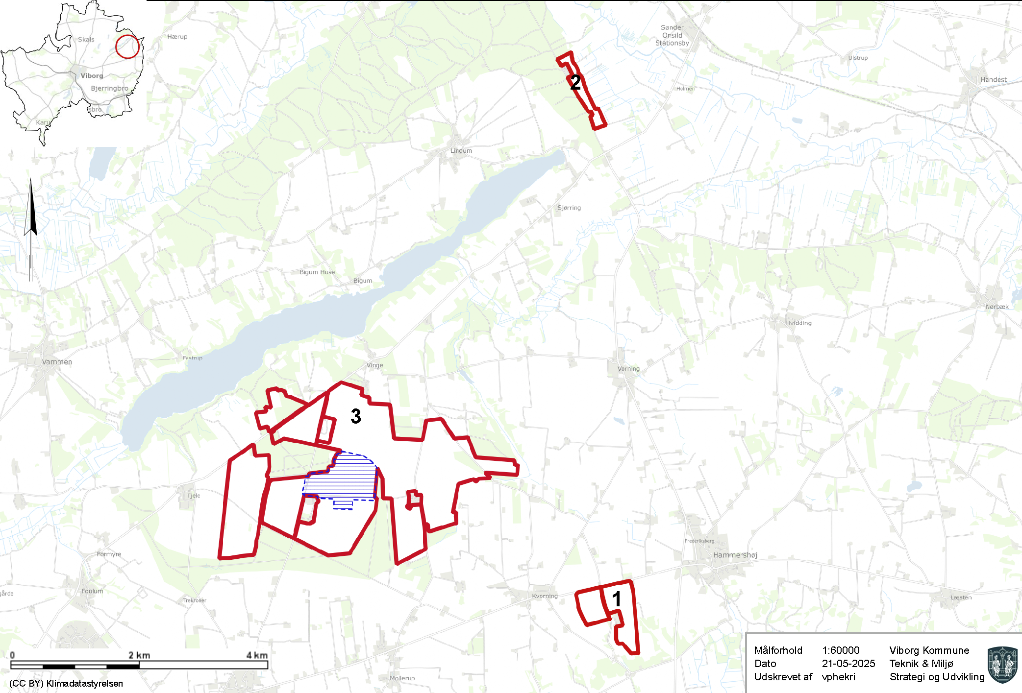 Den samlede Energipark Tjele består af tre særskilte energiprojekter, som ses på kortet her. 1: Solcelleanlæg ved Kvorning. 2: Vindmøller og solcelleanlæg ved Sjørring. 3: Energiklynge med solcelleanlæg og vindmøller ved Vinge.