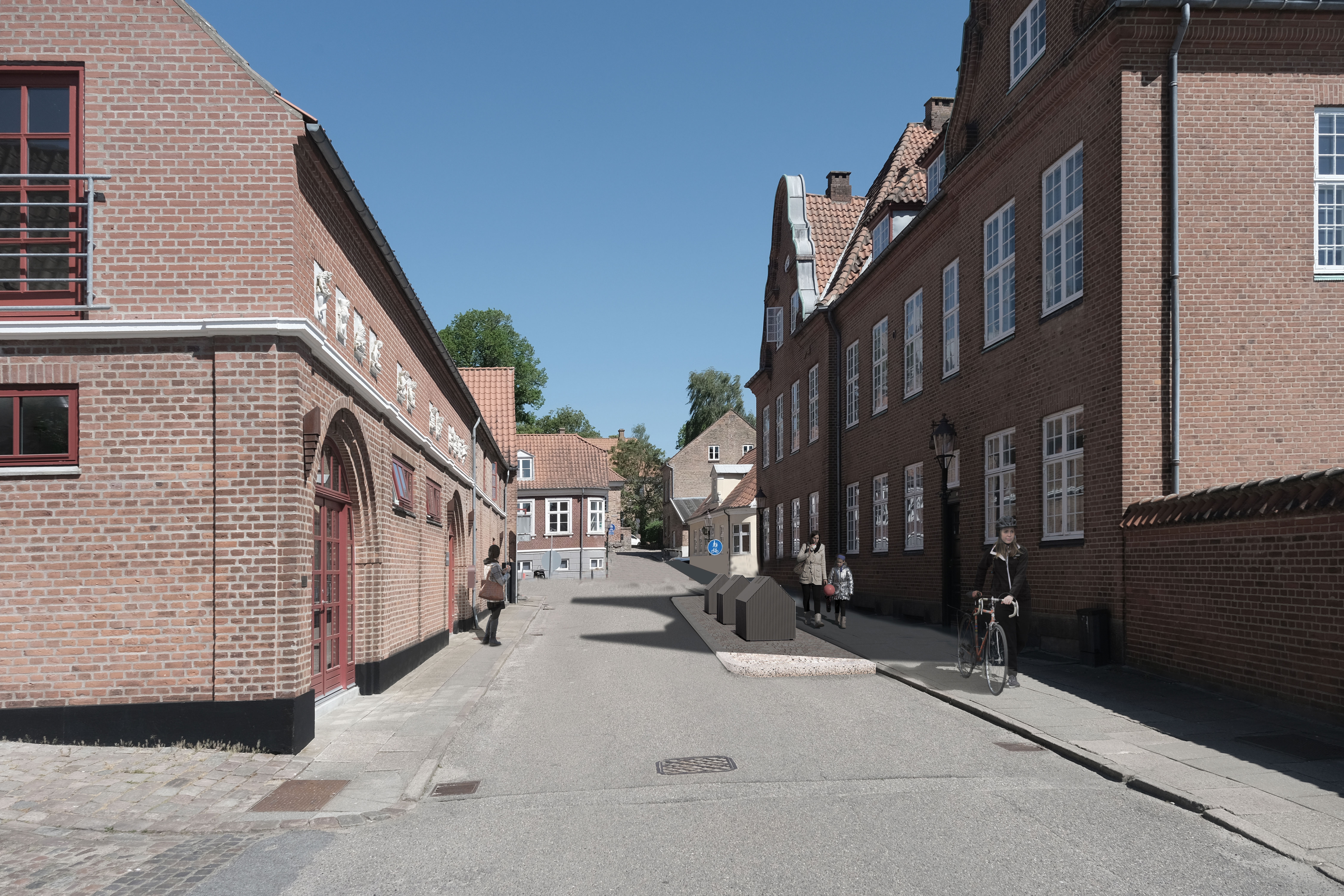 De nye affaldsbeholdere er nøje udvalgt og tilpasset, så de understøtter midtbyens historiske udtryk og helhed. Det ses for eksempel her på Sct. Leonis Gade. Foto: Visualisering af Euro Group.