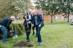 Rektor Brian Bech Nielsen fra Aarhus Universitet og borgmester i Viborg Kommune, Ulrik Wilbek, plantede i fællesskab et æbletræ på AU Viborg, da de første studerende på campus blev budt velkommen i august 2024. Foto: Andrea Líf/AU Foto.